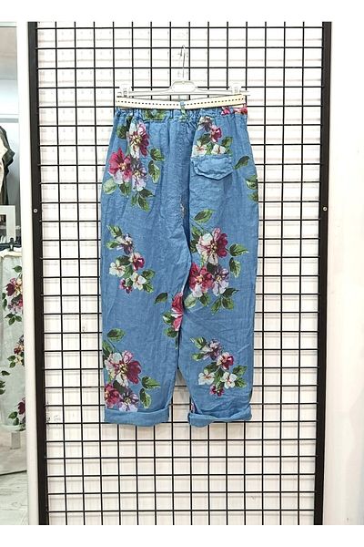 Butik Şans Italian Linen Trousers with Floral Pattern and Elastic Waist Pocket