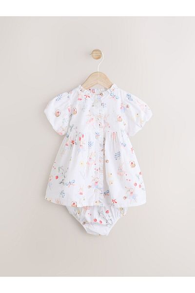 Next Baby 100% Cotton White Pink Fairy Patterned Dress Shorts Set