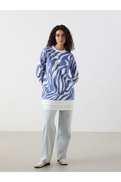 LC Waikiki Lcw Modest Blue Crew Neck Print Women's Sweatshirt Tunic