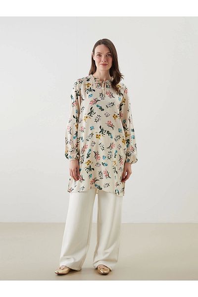 LC Waikiki Lcw Grace Beige Lace-Up Collar Floral Women's Tunic