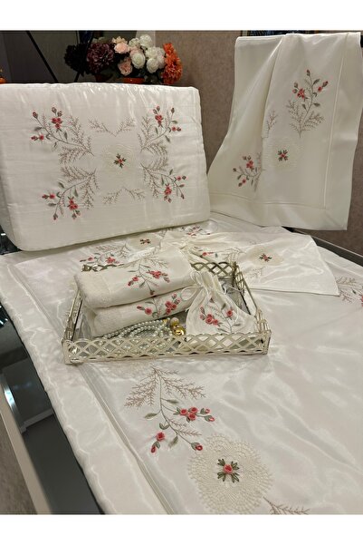 incisecrethome Çeyizlik Bohça Seti 7 Parça - Nakışlı Saten Kumaşlı İğne oyalı ROKOKOLU & Hediyelik Tasarım