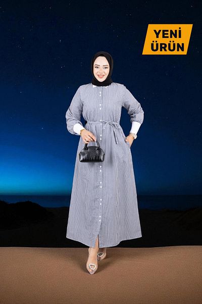 Cochines Women's Navy Blue Long White Shirt Collar Striped Girdle Belt Evening Dress Hijab Dress