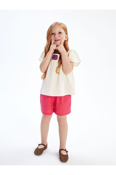 LC Waikiki Lcw Kids Flower Embroidery Girl's Blouse and Shorts Skirt 2Pcs