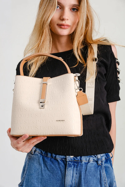 Just Polo Women's Cream Camel Waterproof Medium Size 3 Compartment Hand & Shoulder Bag 344002Pc
