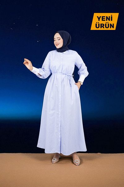 Cochines Rochie de seară pentru femei, albastru bebeluș, lungă, cu guler alb, cu centură, rochie hijab