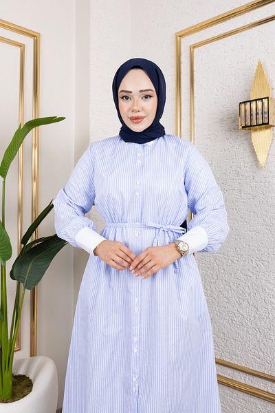 Cochines Rochie de seară pentru femei, albastru bebeluș, lungă, cu guler alb, cu centură, rochie hijab