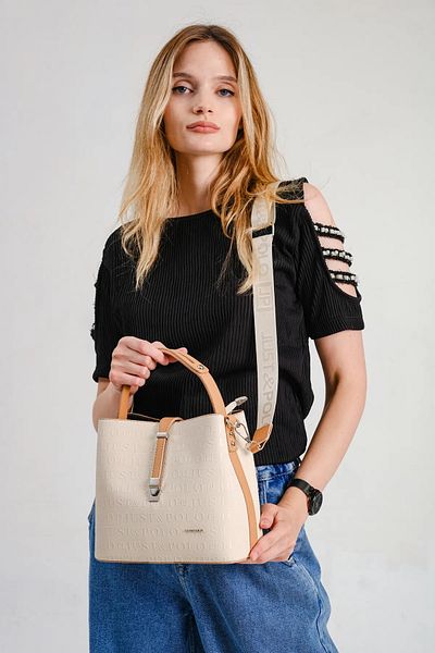 Just Polo Women's Cream Camel Waterproof Medium Size 3 Compartment Hand & Shoulder Bag 344002Pc