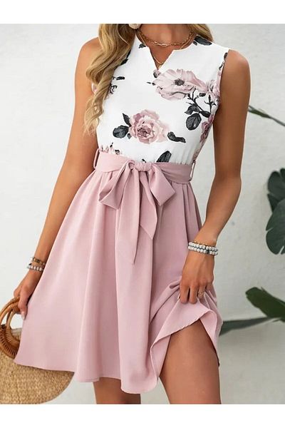 Masspera V-Neck Floral Print Belted Mini Dress