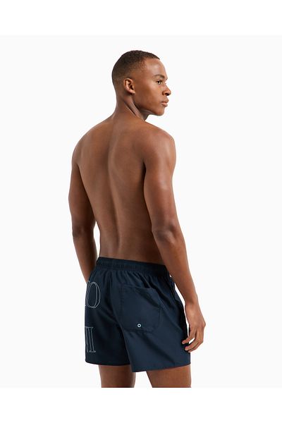 Emporio Armani Men's Elastic Tie Waist Short Length Brand Lettering Pattern Navy Blue Swimsuit Em000583 Af12326-Ub102