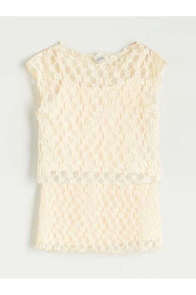 LC Waikiki Lcw Kids Crew Neck Lace Detail Girls Blouse and Skirt
