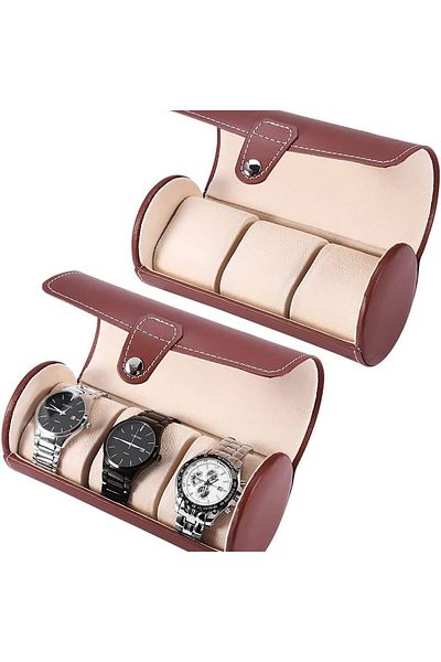 COOYA Watch Box, 3 Bit Cylindrical Watch Travel Case, Top Grade Pu Jewelry Bracelet Storage Box(Brown)