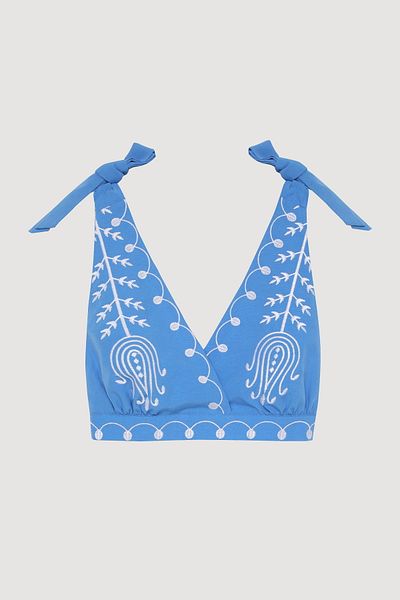 Quzu Tulip Embroidered Shoulder Tie Bustier Blouse Blue