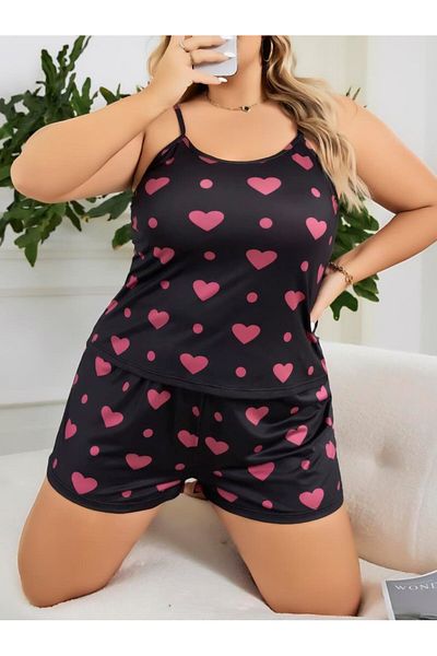 Findit Plus Size Black Heart Pattern Thin Strap Cotton Shorts Pajamas Set