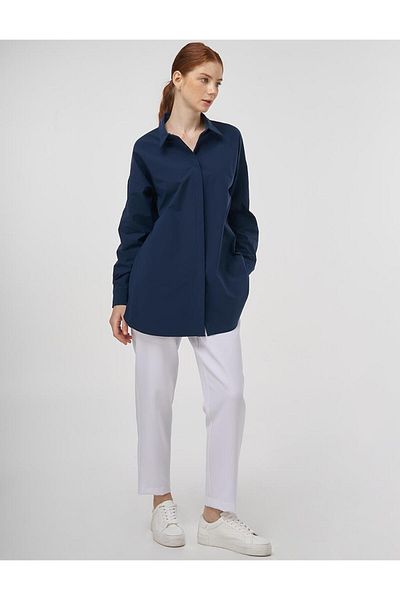 Kayra Relaxed Cut Cotton Tunic Dark Navy Blue
