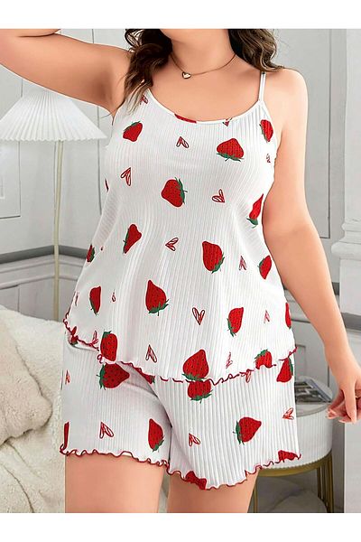Findit Plus Size Strawberry Pattern Cotton Shorts Pajamas Set