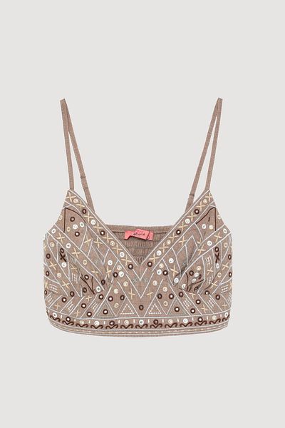 Quzu Ethnic Embroidery Embroidered Sequin Decorated Bustier Blouse Beige