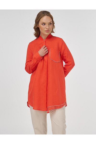 KYR 100% Linen Bead Embroidered Tunic Coral