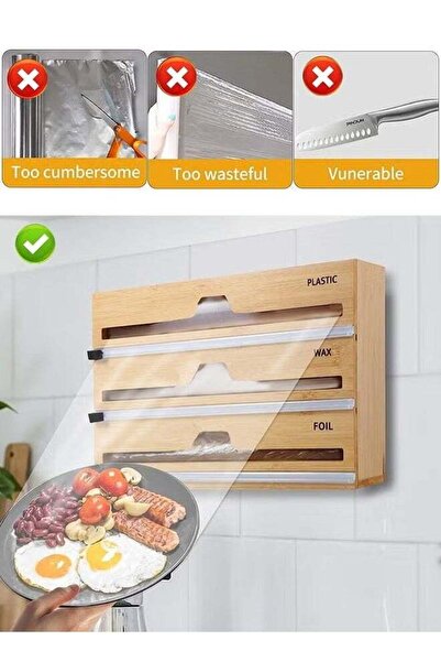 COOYA Wrap Organizer with Cutter and Labels Plastic Wrap Aluminum Foil and Wax Paper Bamboo Dispenser