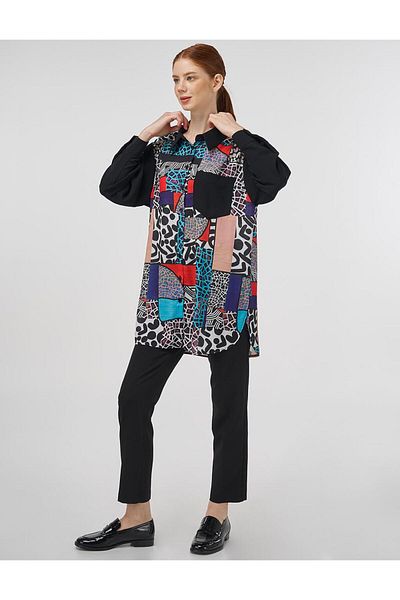 Kayra Patterned Shirt Collar Tunic Black