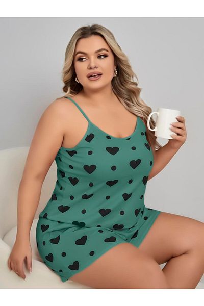 Findit Plus Size Green Heart Pattern Cotton Shorts Pajamas Set