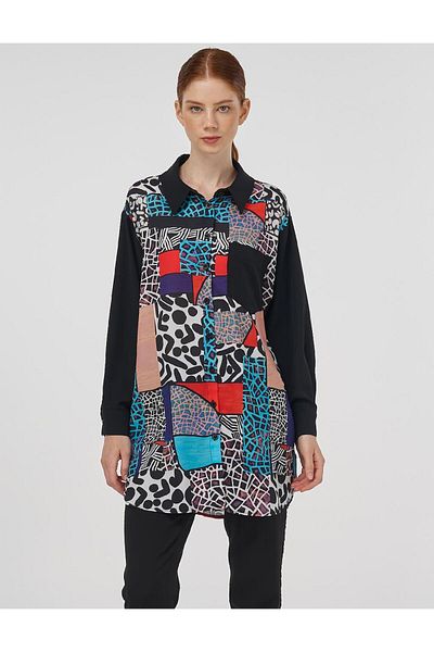 Kayra Patterned Shirt Collar Tunic Black