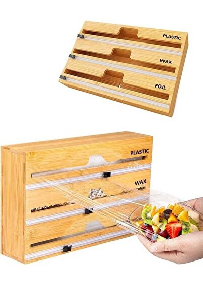 COOYA 3 in 1 Wrap Organizer with Cutter and Labels Wrap Aluminum Foil and Wax Paper Bamboo Dispenser