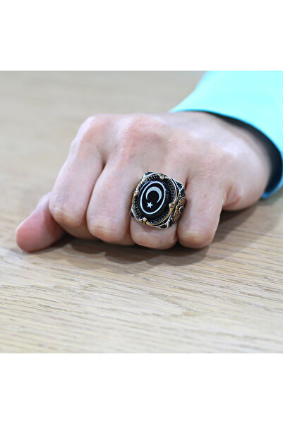 Tesbihane Erzurum Oltu Taşı Üzeri Ayyıldız İşlemeli Kenarları Zirkon Koleksiyonluk 925 Ayar Gümüş Erkek Yüzük