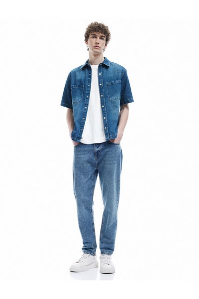 Koton Νέα σεζόν Βαμβακερή τσέπη με κοντό μανίκι Oversize τζιν πουκάμισο