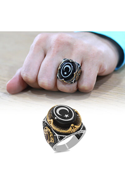 Tesbihane Erzurum Oltu Taşı Üzeri Ayyıldız İşlemeli Kenarları Zirkon Koleksiyonluk 925 Ayar Gümüş Erkek Yüzük