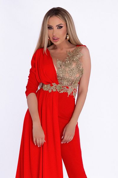 Atmosphere Fashion Red jumpsuit with train and gold embroidery