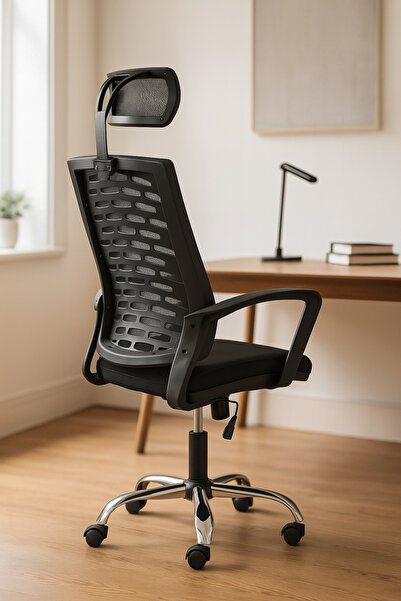 Sahmetra Ev ve Ofis Çalışma Sandalyesi Bilgisayar Koltuğu Yüksek Konfor Krom Ayak - Siyah