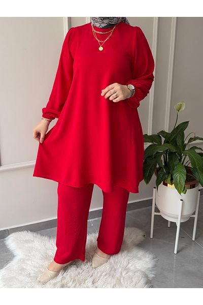 afife Plus Size Aerobine Fabric Tetture Double Tunic Pants Set