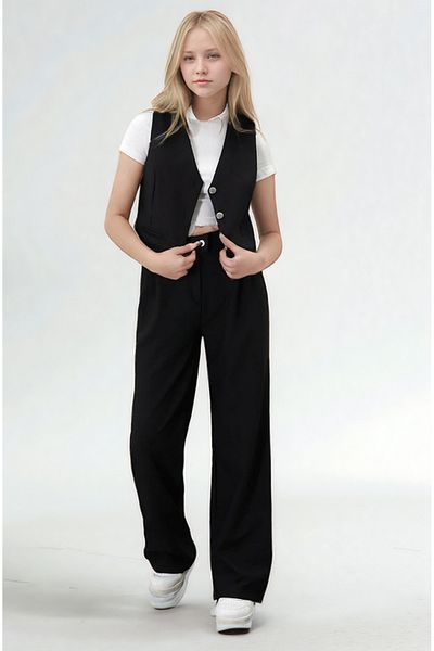 Asortix Girl's 2 Piece Set with Buttoned Vest and Wide Leg Pants