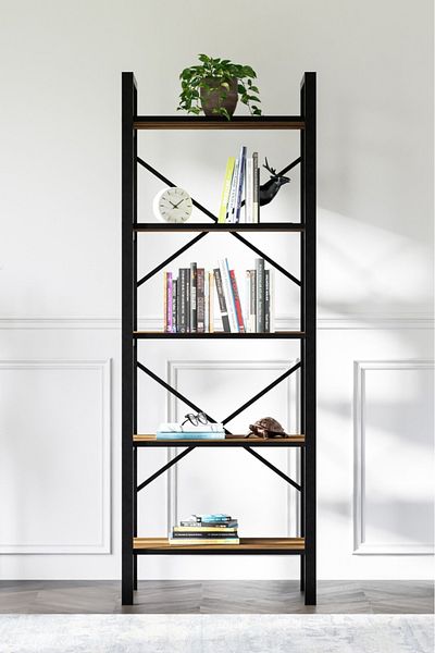 Ceramical Ktp 5 Tier Bookcase , Industrial Style Bookshelf For Living Room, Home Office - 60x180 cm - Walnut