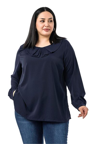 DISENTIS MODEST Plus Size Navy Blue Blouse with Pleated Collar and Side Slits
