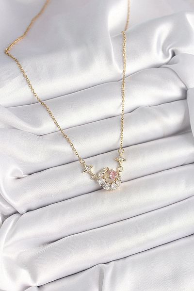 nazeninstoğu 316L Steel Gold Color Zircon Stone Crescent Pink Heart Model Women's Necklace