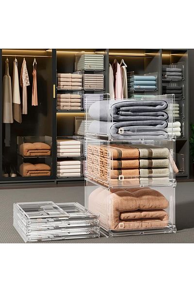 COOYA 3PCS Stackable Plastic Storage Basket,Closet Wardrobe Organizer,for Cupboard Kitchen Bathroom Office