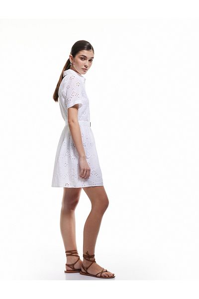Koton Cotton Button Belt Short Sleeve Fisto Brode Mini Shirt Dress