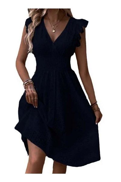 SOLOBUY Women's Dress, Tea length, V-neck, Sleeves Ruffle