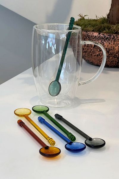 İronika 6 Colorful Glass Spoons Borosilicate Heat Resistant Special Design Tea Coffee Dessert Spoon Round