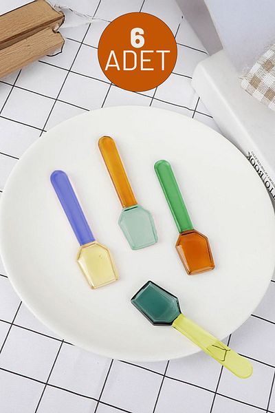 İronika 6 Colorful Glass Spoons Borosilicate Heat Resistant Special Design Tea Coffee Dessert Spoon Hexagon