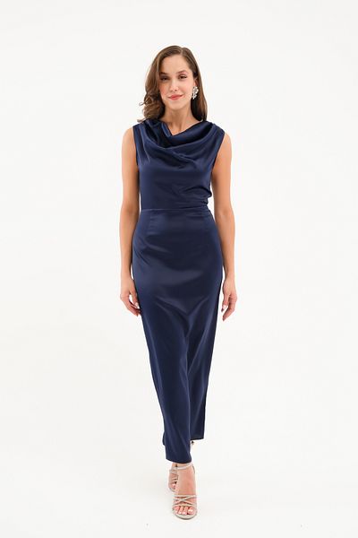Lafaba Women's Navy Blue Degaje Collar Midi Satin Dress