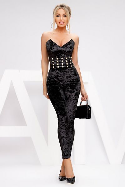 Atmosphere Fashion Black velvet jumpsuit with deep neckline