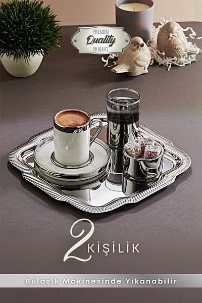 GRİMOR Life Silver Porcelain Cup Set with Tray for 2 People Groom Coffee-Word Engagement Turkish Coffee Coffee Cup