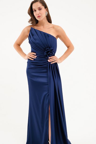 Lafaba Women's Navy Blue Draped Floral Detail Long Satin Evening Dress