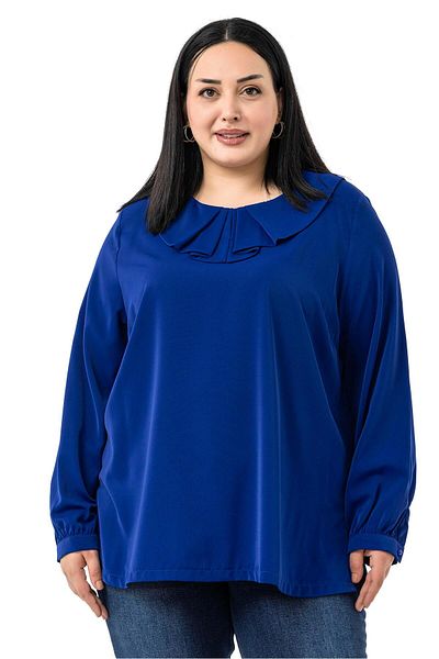 DISENTIS MODEST Plus Size Collar Pleated Side Slit Saks Blue Blouse