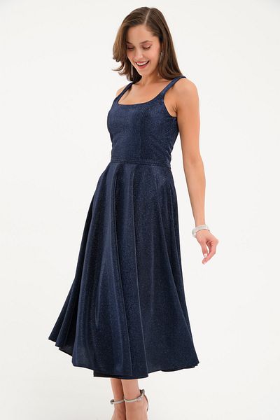 Lafaba Women's Navy Blue Strap Glitter Midi Graduation Evening Dress