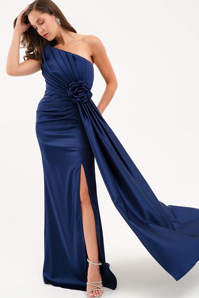 Lafaba Women's Navy Blue Draped Floral Detail Long Satin Evening Dress