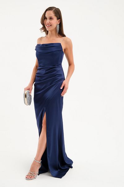 Lafaba Women's Navy Blue Stone Strap Long Promise Engagement Evening Dress