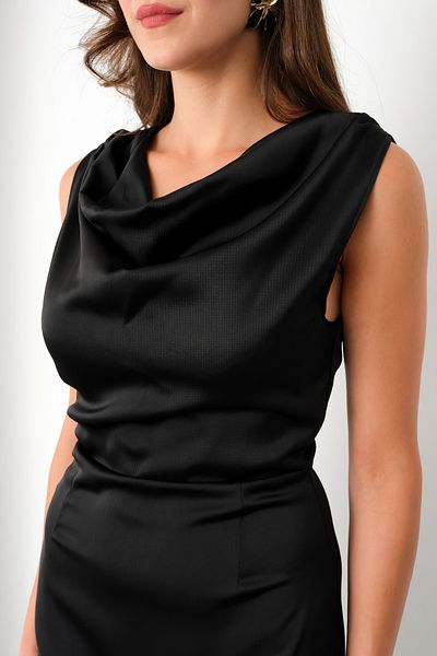 Lafaba Women's Black Degaje Collar Midi Satin Dress